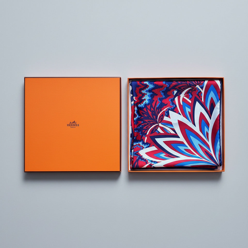 Carré Hermès The Three Graces plié dans sa boîte orange