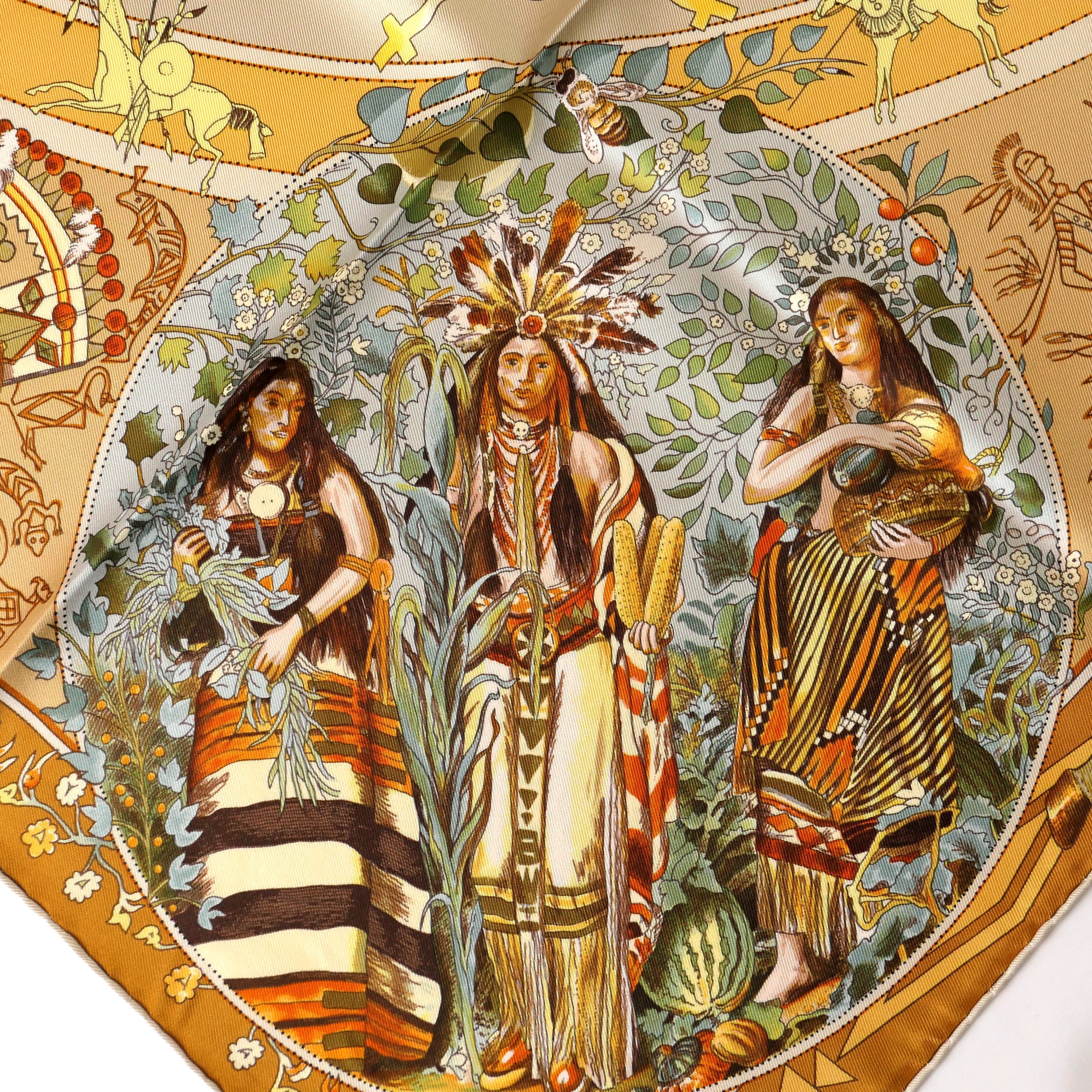 Carré Hermès Mythologies des Hommes Rouges 90 cm soie, détail des Trois Sœurs maïs haricot courge