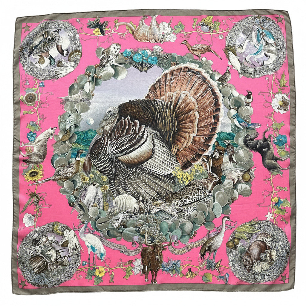 Foulard Hermès Faune et Flore du Texas – Kermit Oliver – vue complète, fond rose vif, motif d’animaux texans.